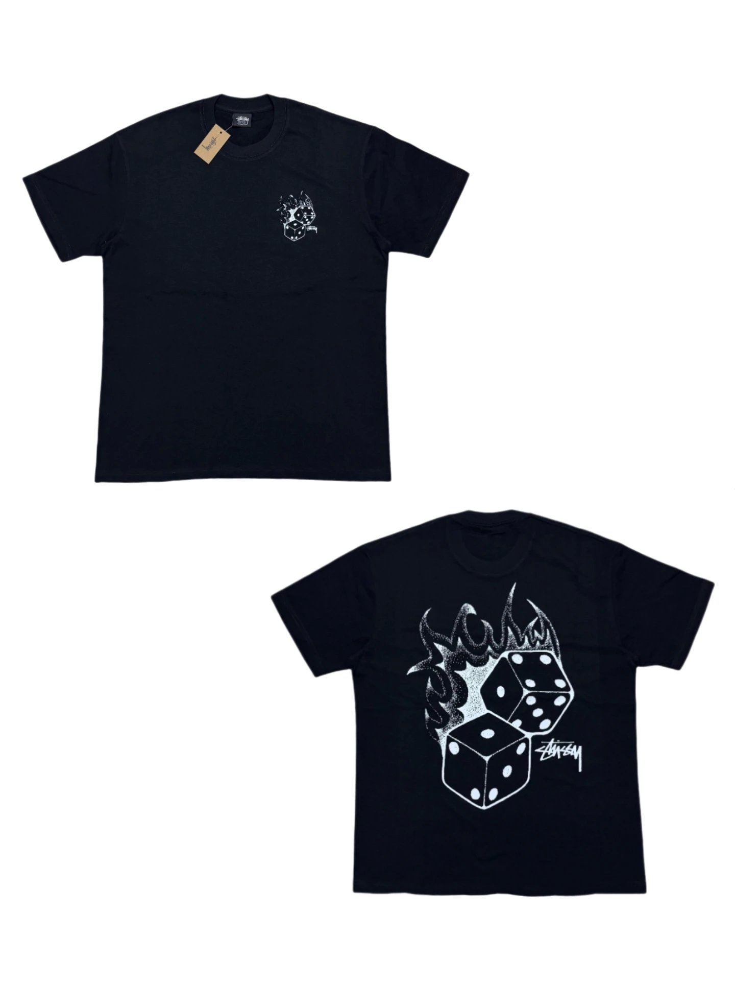 Men's Black Stussy Fire Dice T – shirt with dice and flame graphics