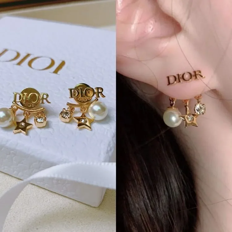 Dior Earrings with Pearl and Star Charm Gold Jewelry