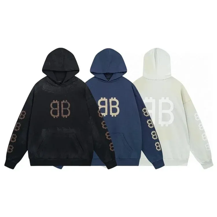 Balenciaga Crypto logo-print distressed hoodie, black/blue, medium fit, cotton