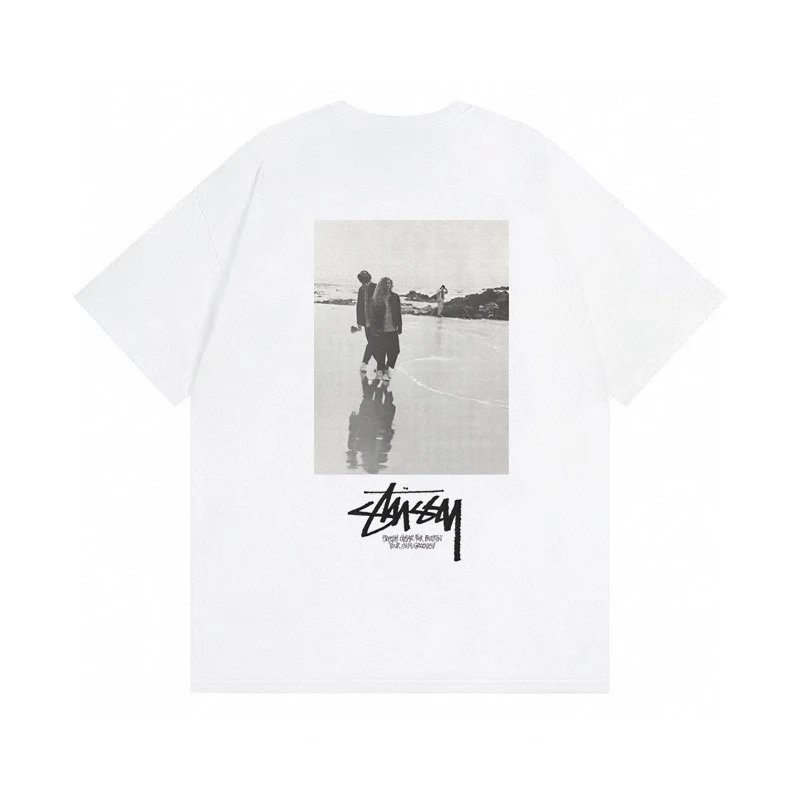 Stussy Low Tide T-shirt – white with black and white photo of two people by water on back
