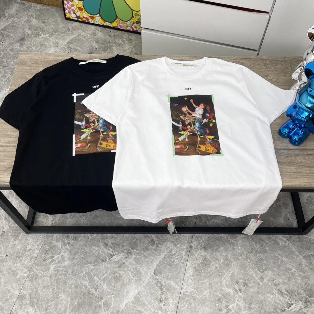 Off-White Men and Women Classic Short Sleeved T-shirt with Oil Painting Print and Pascal Arrows Skeleton Print