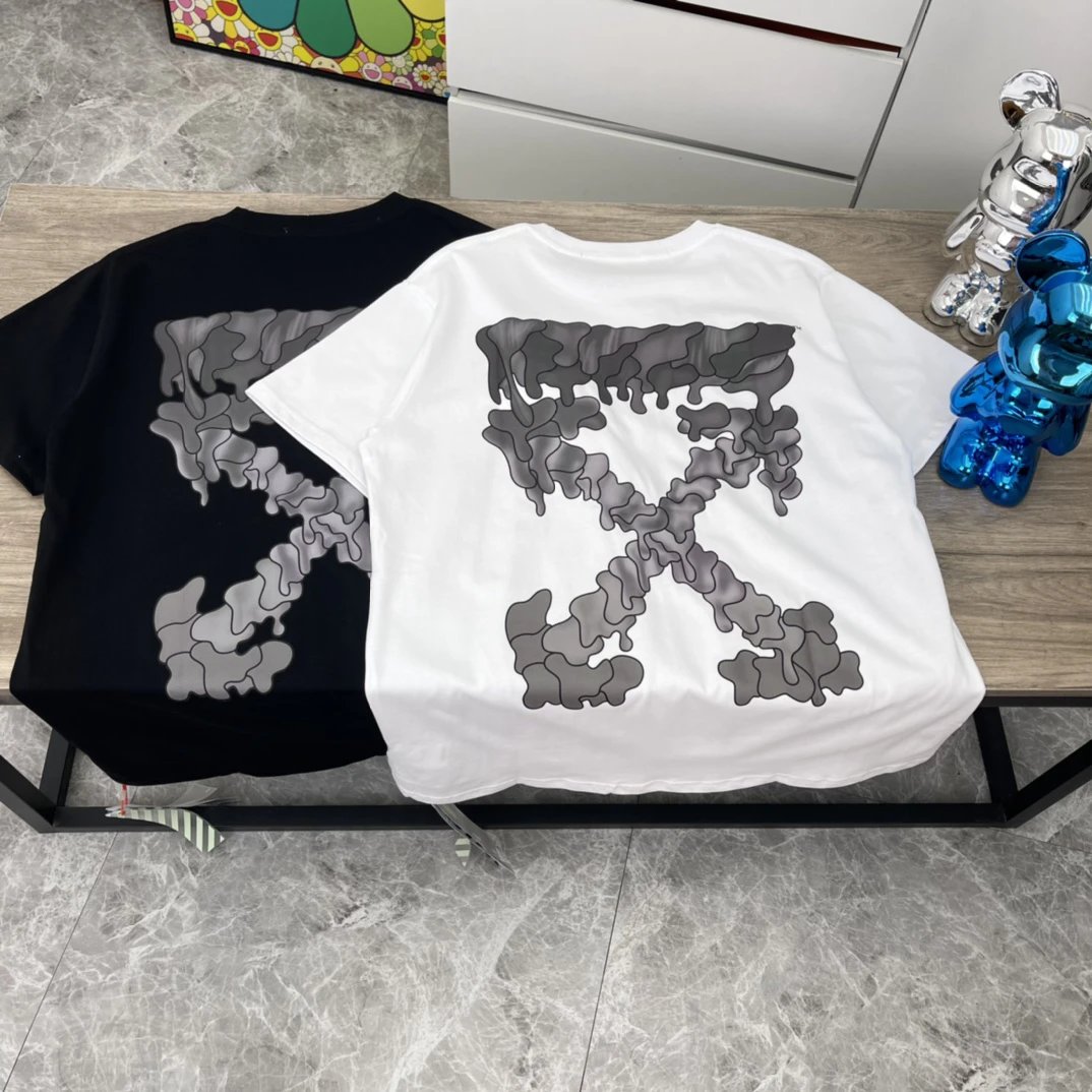 Off-White Oversize Spray Marker Camiseta Blanca, breathable男女寬鬆短袖T恤 in Black/White with water drop dissolve arrow OW Graphic