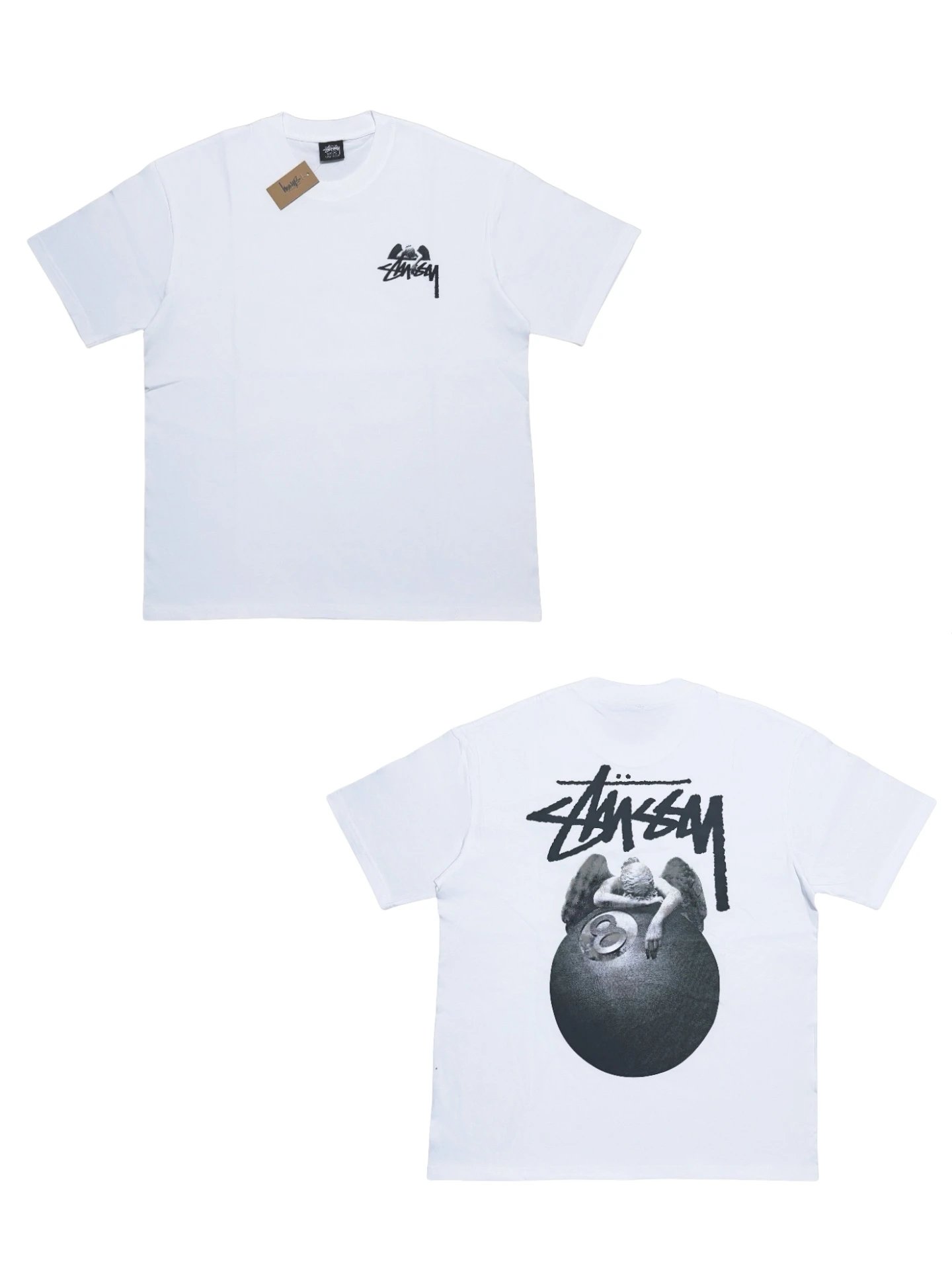 Stussy Black 8 Sculpture Angel Print Unisex Short Sleeve Tee with Front Logo & Back Print