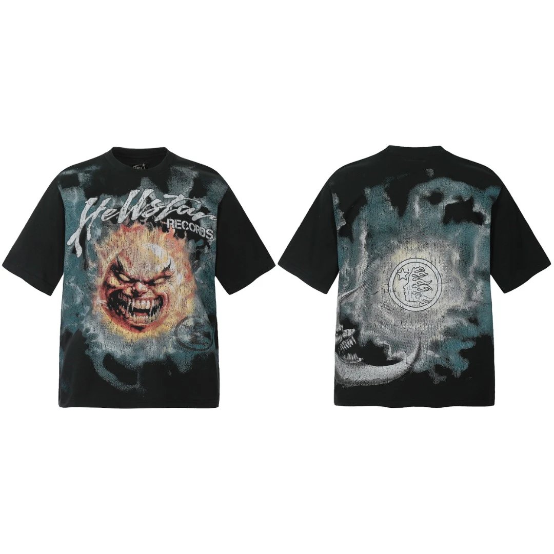 Vintage washed oversized Potatovintage tee, weight 45kg – 100kg, with front demon face & back circular logo print