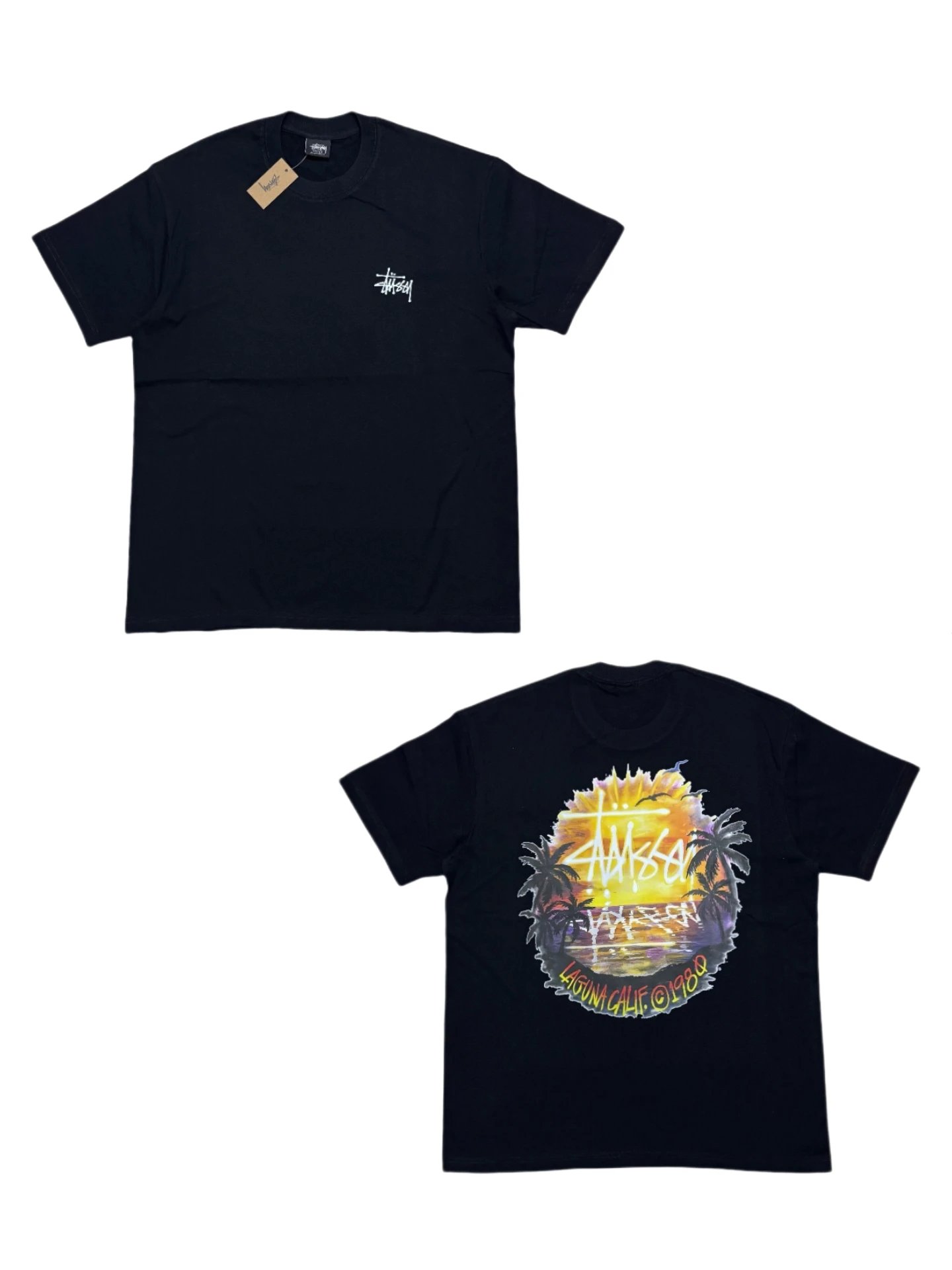 Stussy Sunset Tee Black, men's sportswear with sunset & palm tree print