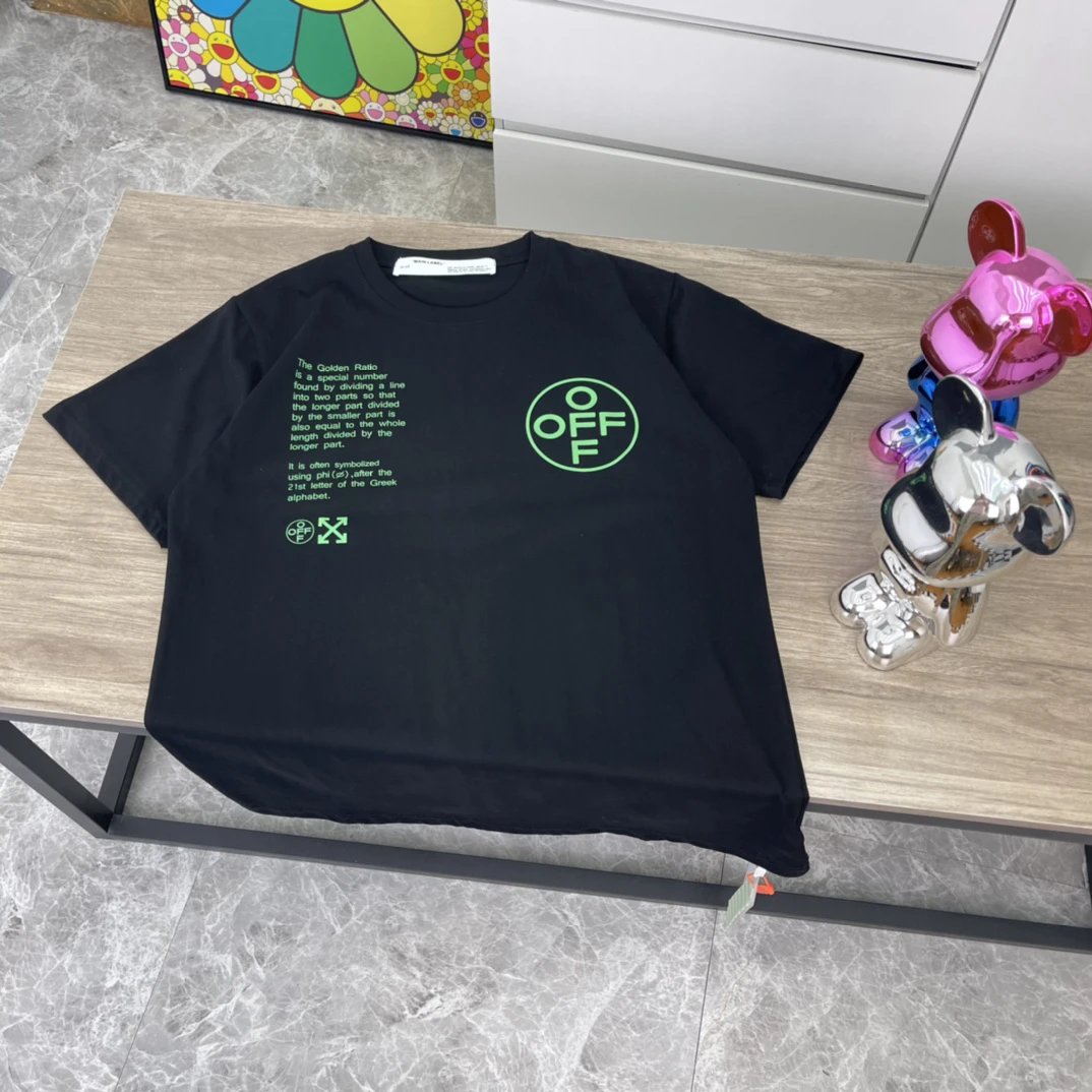Off-White Black/Green Slim Fit Arch Shapes T-shirt with Green 'OFF' Logo and Printed Text