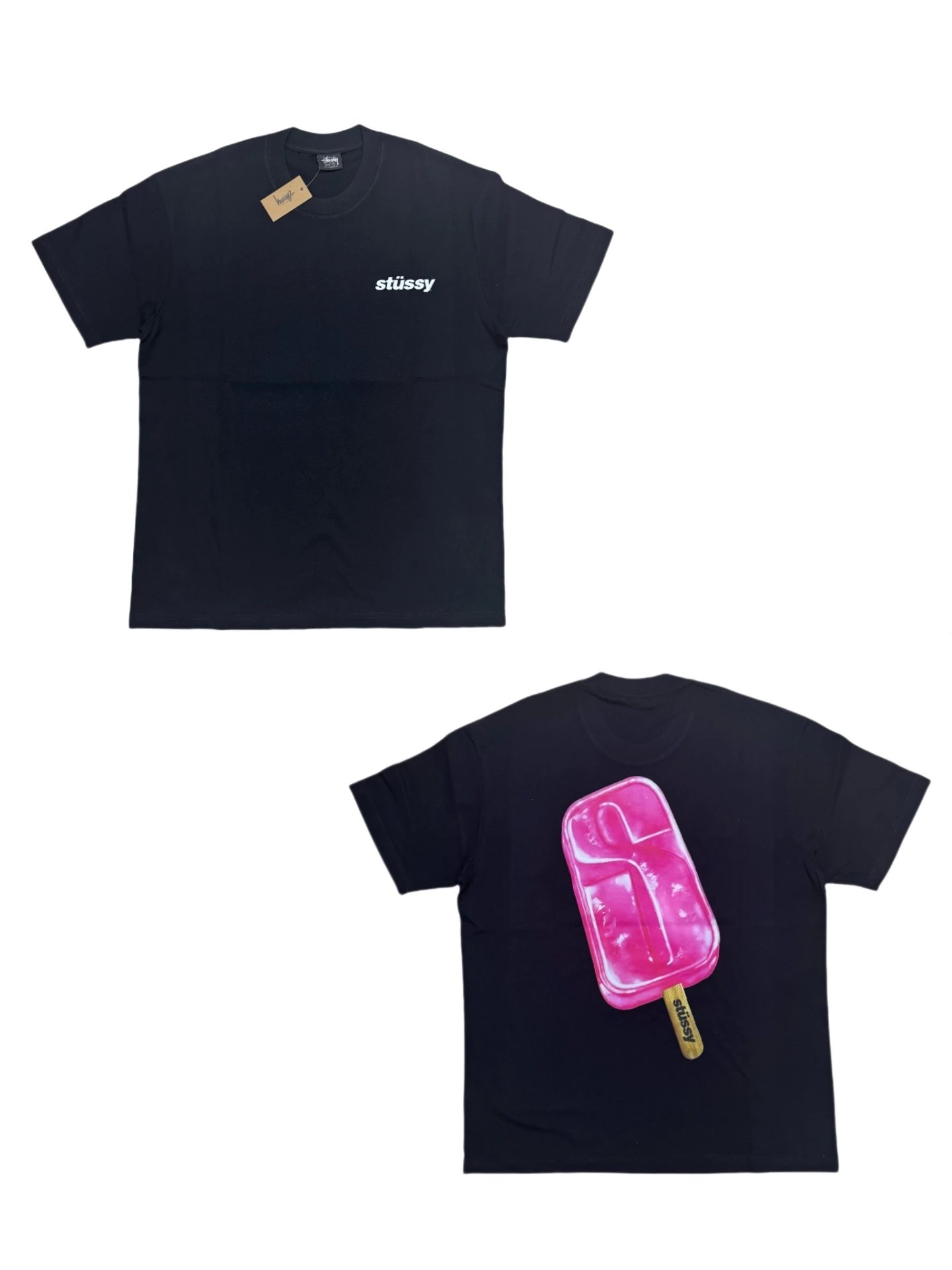Stussy Black 100% Authentic Rabbit Hole Tee with Popsicle Graphic in White