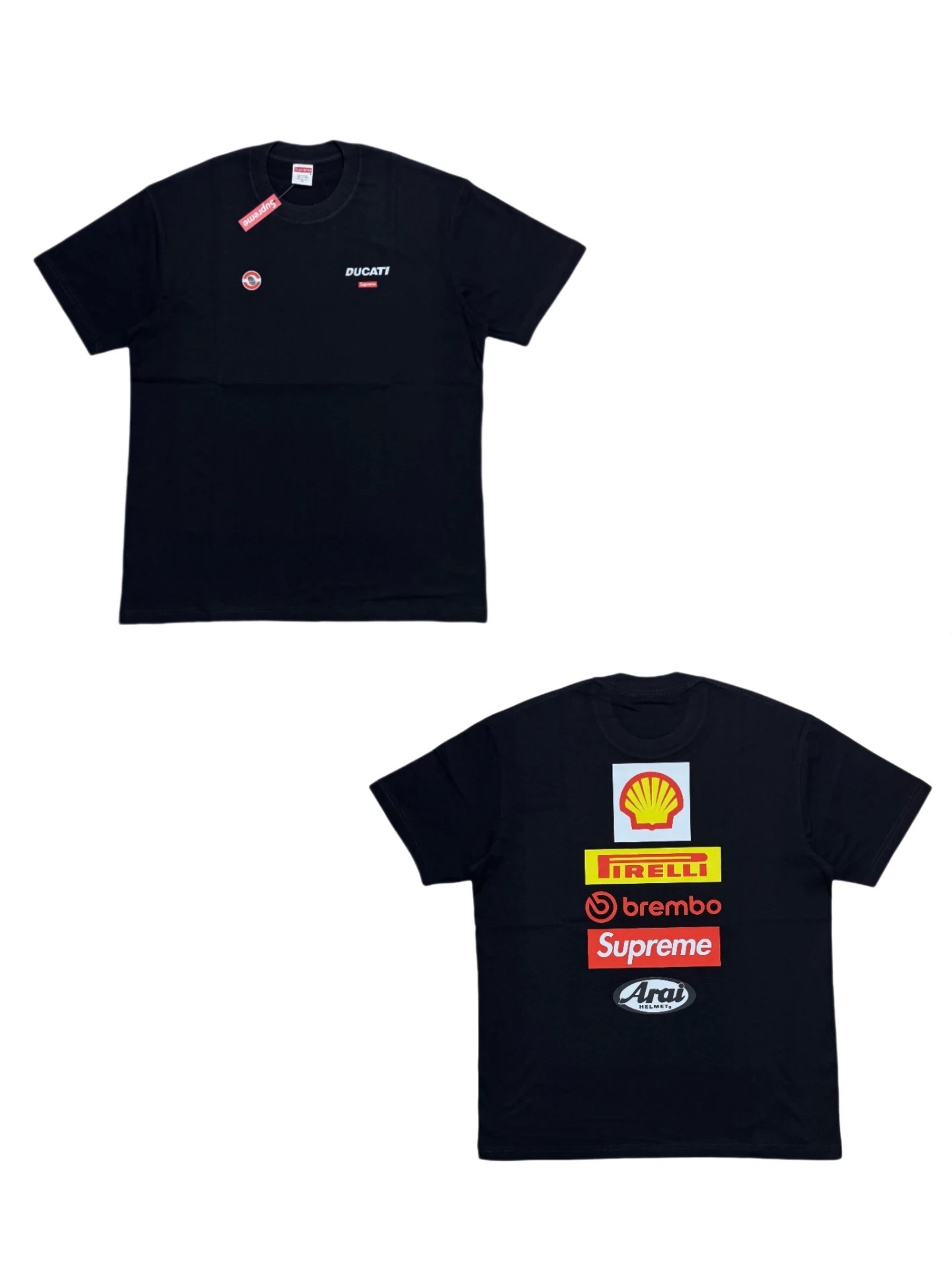 Men's Black Supreme Ducati Logo Tee with multiple logos on front and back