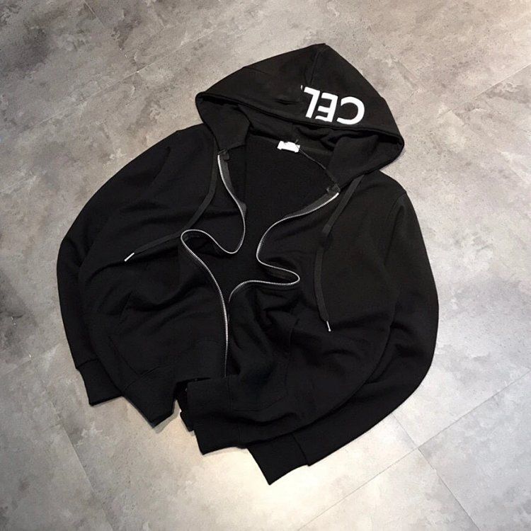 CÉLINE Black Zip-Up Hoodie with Signature Logo Print and Ribbed Cuffs
