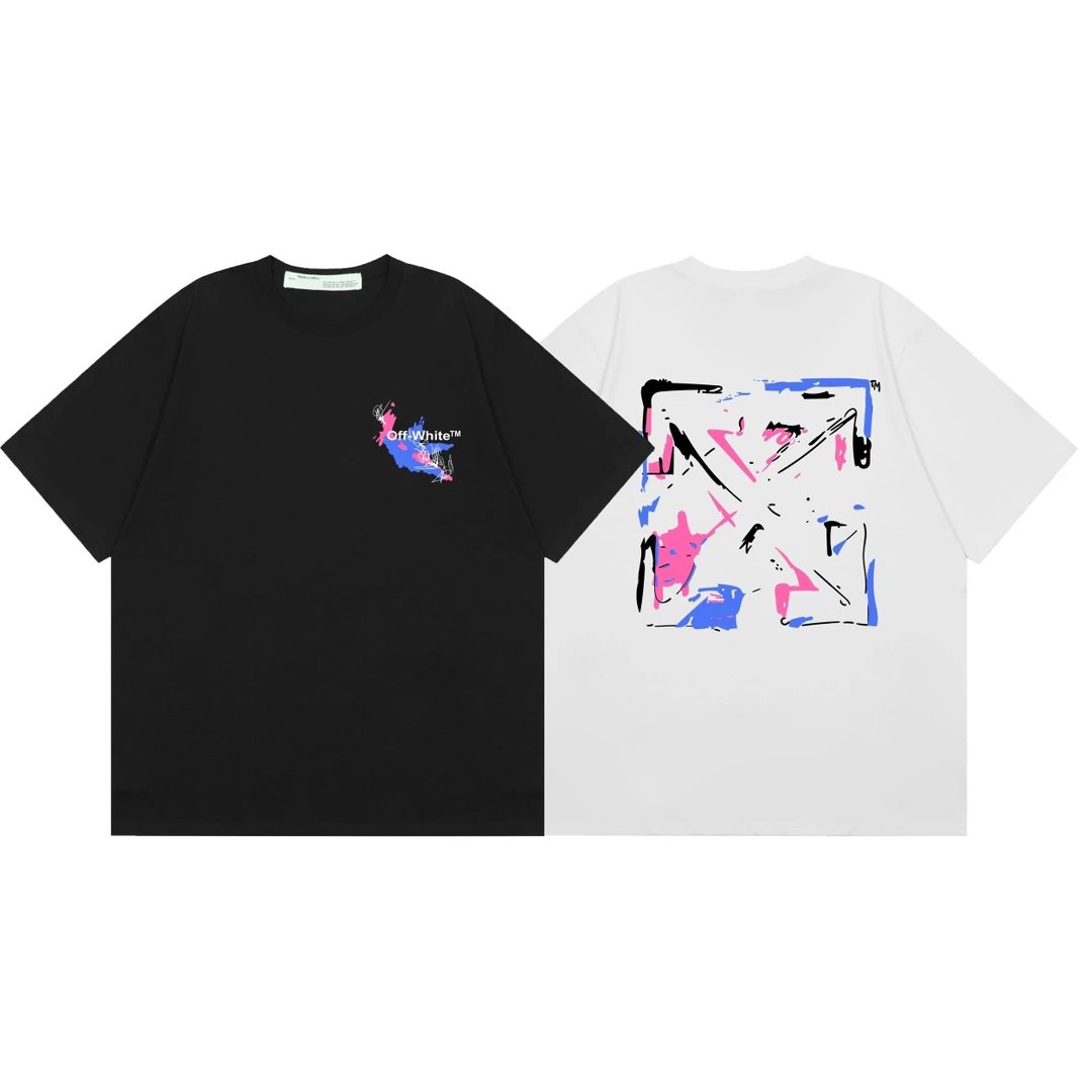 Street Wear Casual T-Shirt with Splash Ink Print, Front Logo and Back Graffiti X Print in Pink, Blue and Black