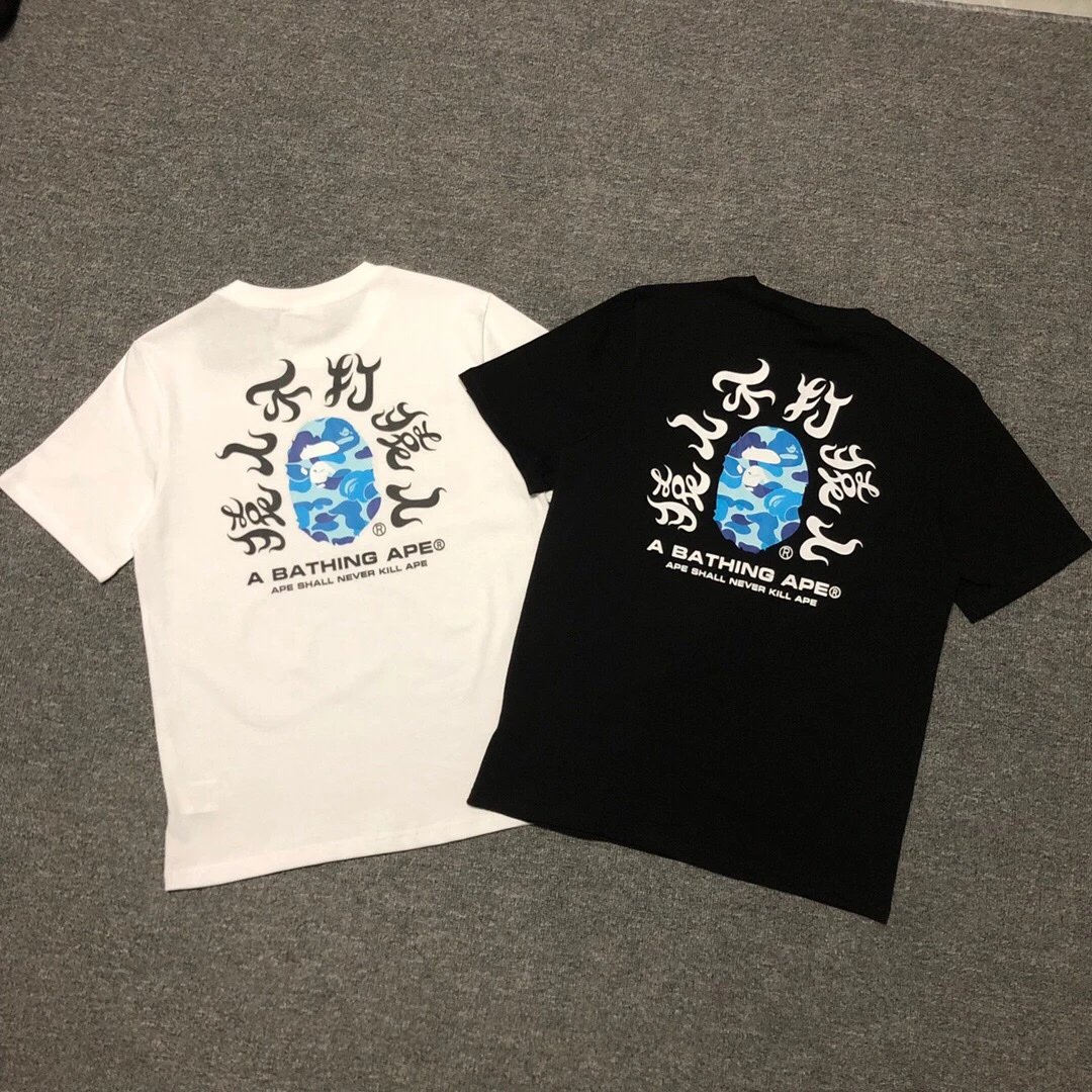 BAPE ABC Camo Kanji Tee  in Black, White and Blue with Camo Ape head logo