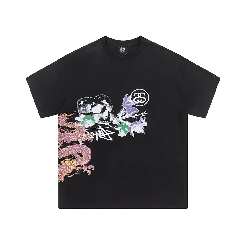 Stussy SS23 Striked Pigment Dyed Men's Black T – shirt with dragon, skull, flower & SS logo
