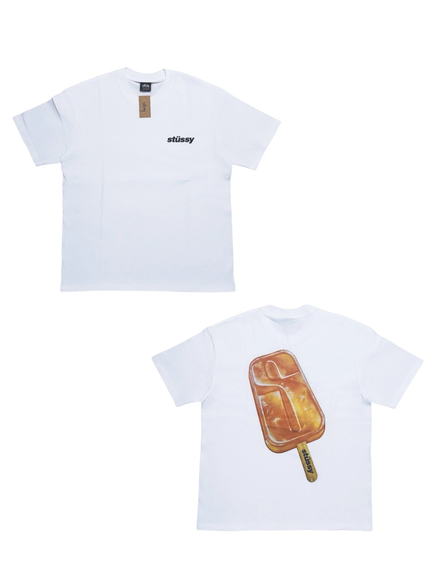 White Stussy T-shirt with popsicle graphic and logo on popsicle stick