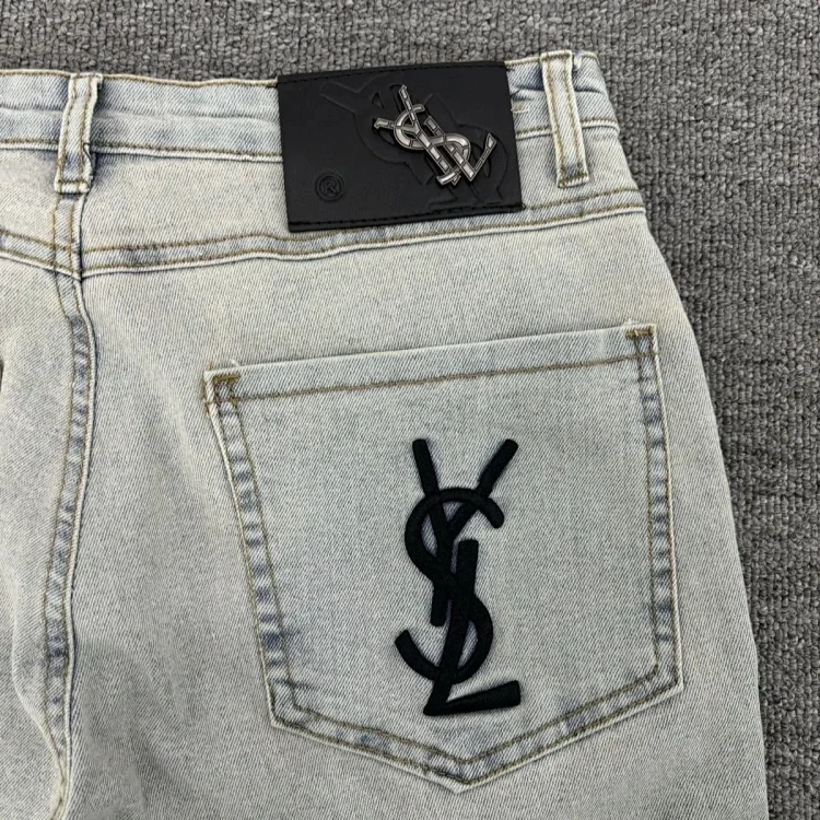 Saint Laurent Embroidered YSL Logo Jeans Light Grey Pants
