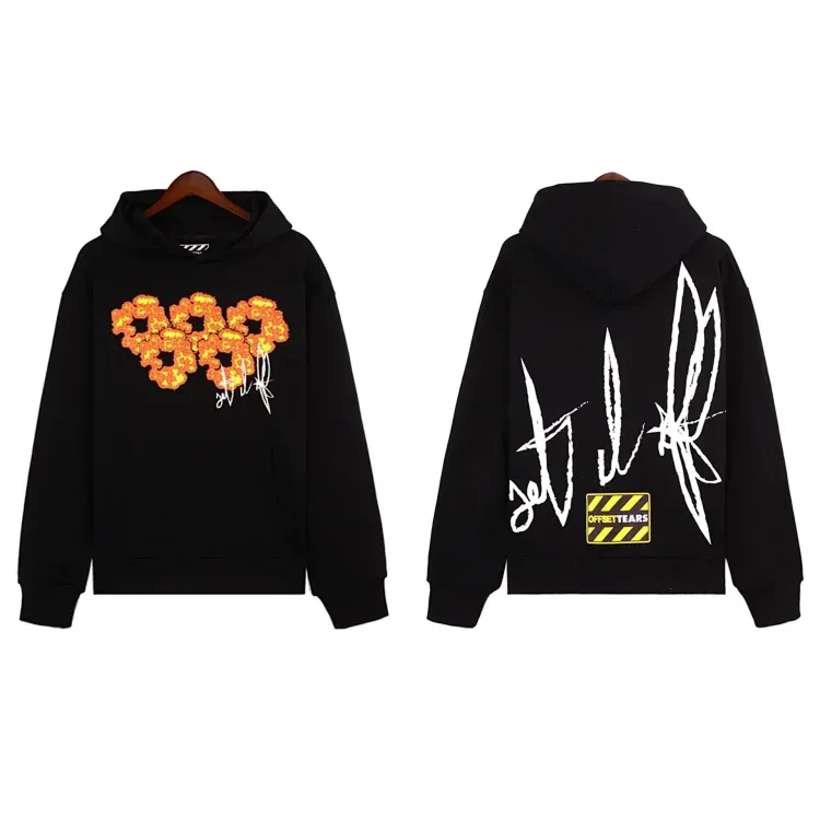 Off White Flower Print Hoodie Black Hoodies