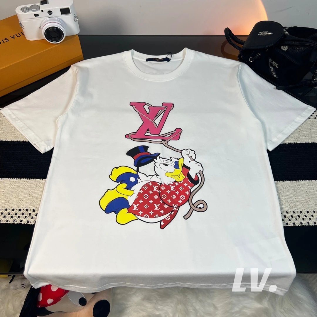 LV Women's T-shirts/Replica, White T-shirt with Donald Duck in red LV-patterned outfit holding LV logo