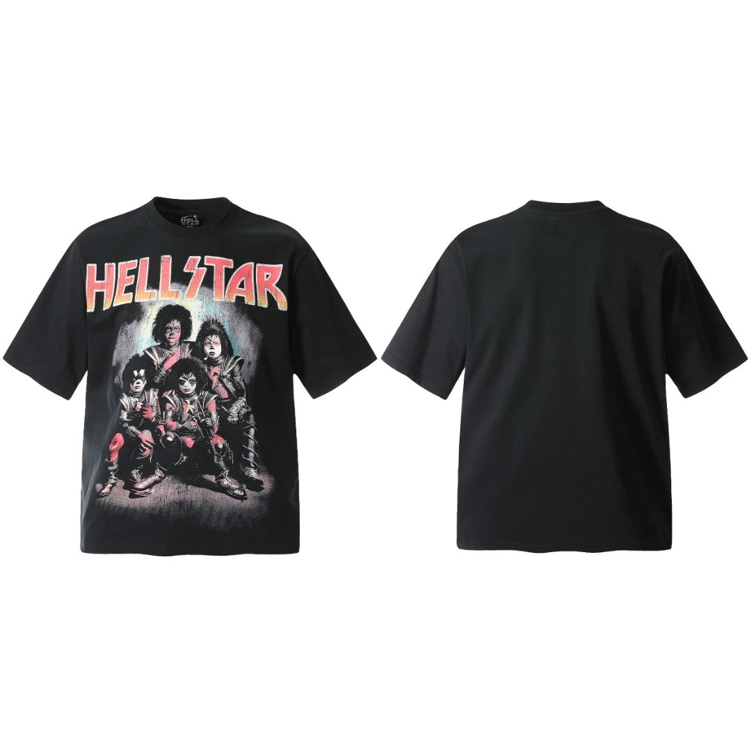 Black Graphic Hellstar Tee with Character Illustration and Brand Text Print