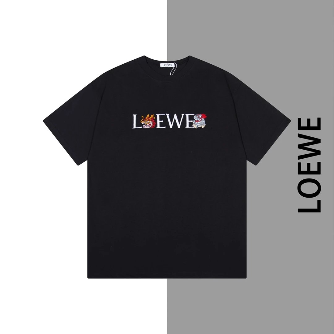LOEWE Black cotton casual short sleeve T-shirt with logo, for men and women