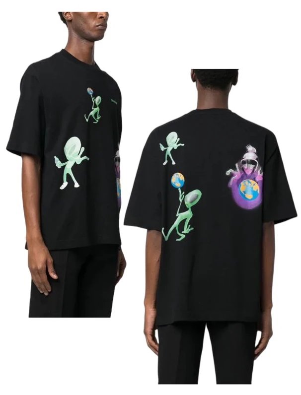 Alien-Print Cotton T-Shirt In Black, Size S with 69% Off