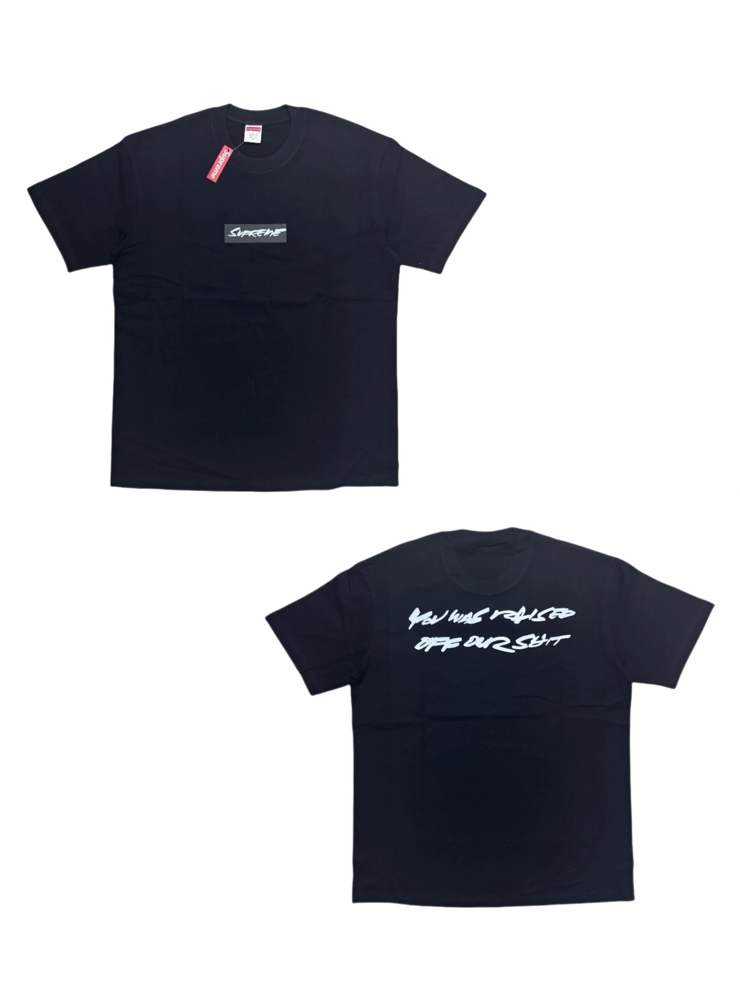 Supreme Futura Box Logo Tee in Red/Black for Men with front 'Supreme' logo and back print