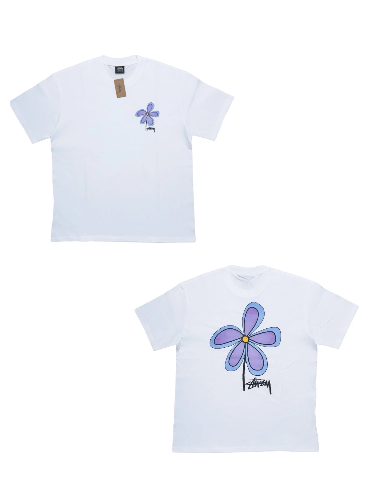 Stussy White T-shirt with small purple flower on chest and large purple flower with signature on back