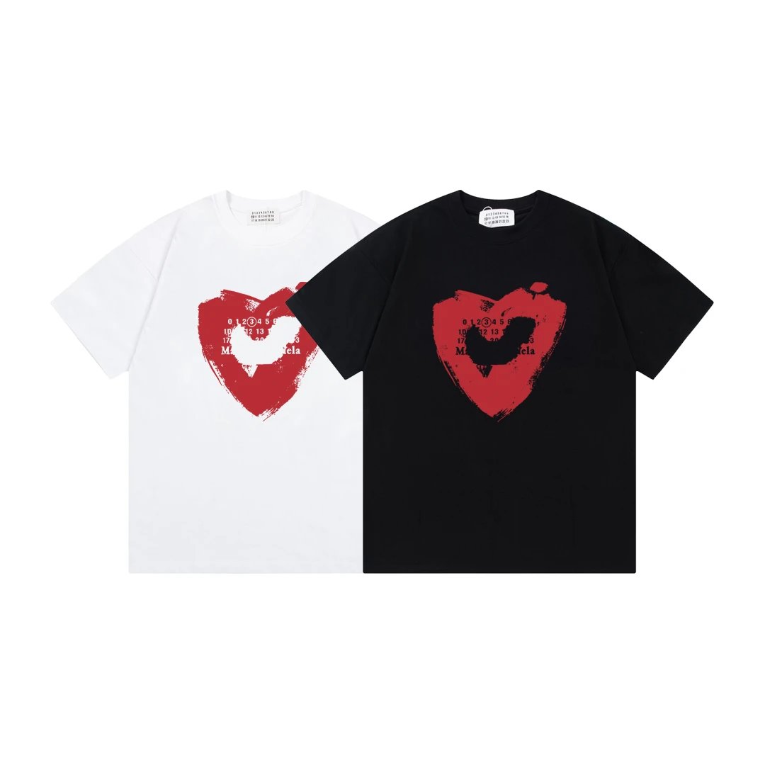 Maison Margiela 25ss Short Sleeve T – Shirt with Heart & Letter Print, 260g Combed Cotton, Unisex