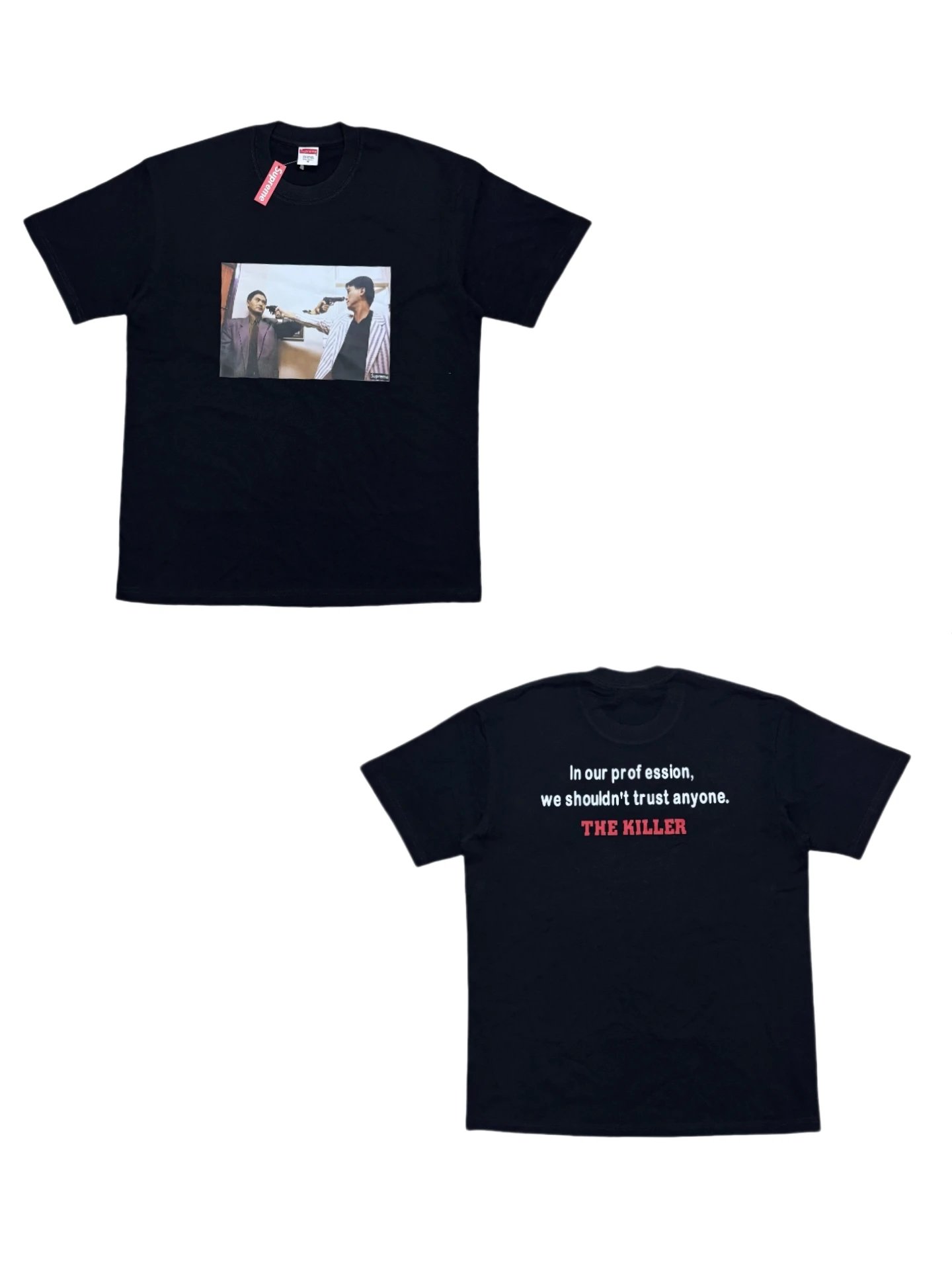 Supreme The Killer Trust Men's Black Cotton T-shirt with 'In our profession, we shouldn't trust anyone' print