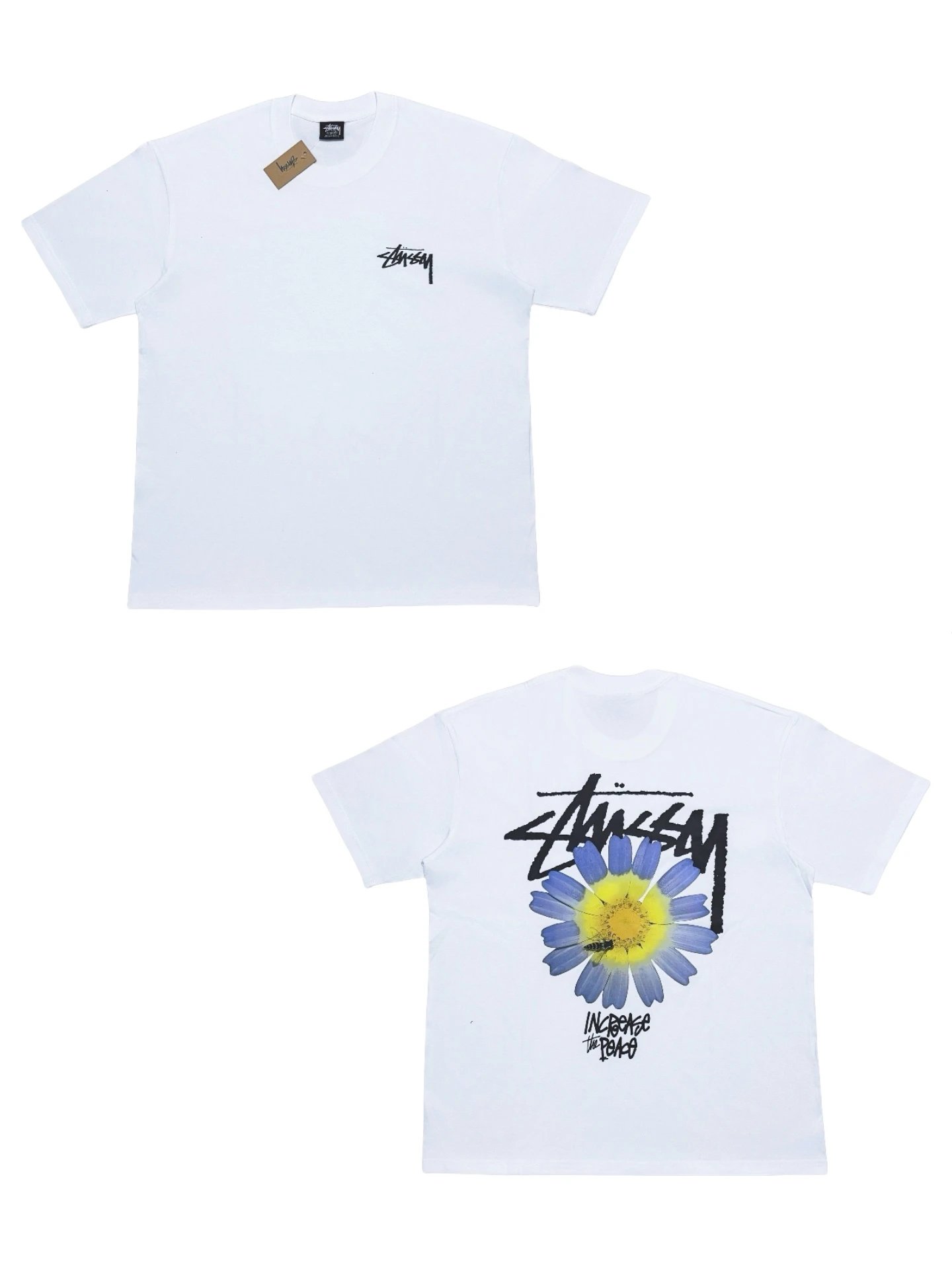 White Stussy Peace Sign T-shirt with front logo and back blue daisy flower design