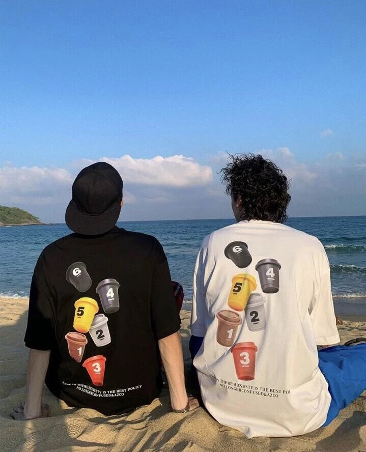 MM6 Short Sleeve T-shirt for Men and Women with Coffee Cups Alphanumeric Logo, Casual Summer Fashion