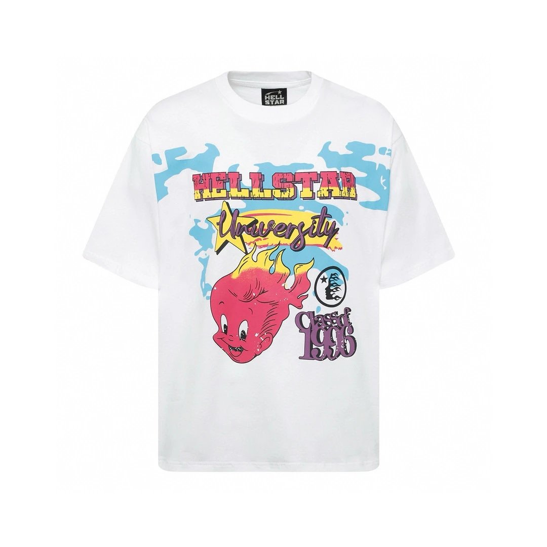 HELL STAR University Graphic T-Shirt with Flaming Fish and Class of 1996 Print