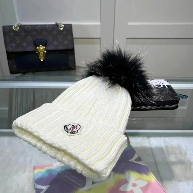 Moncler Knit Beanie Hat White Mise