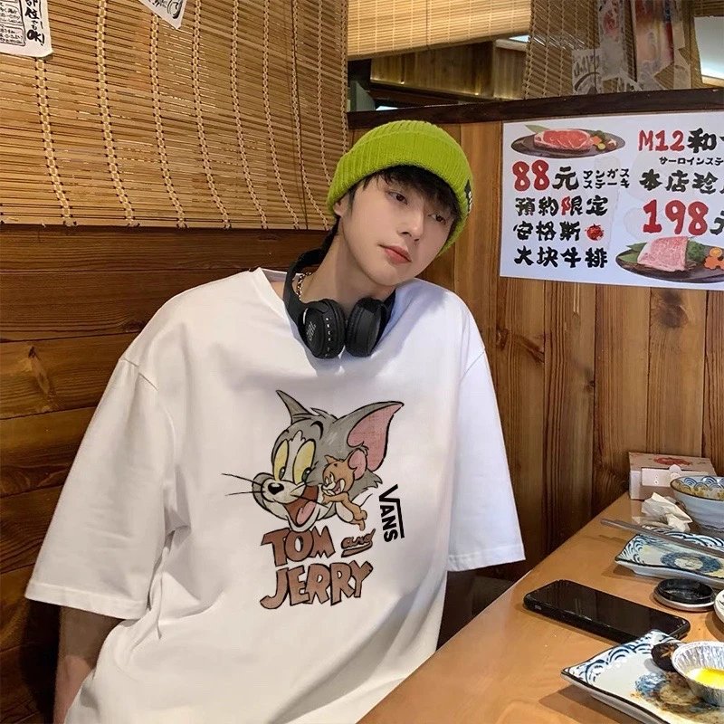 Tom and Jerry Print VANS T-shirt for Women, Loose and Regular Shoulder, Summer Casual Wear