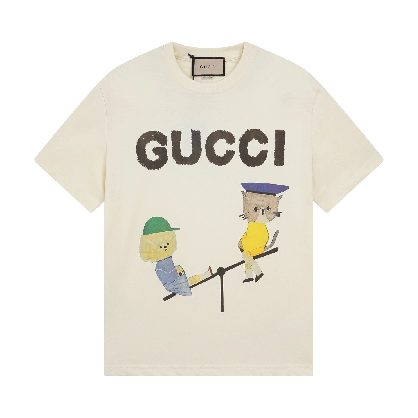 gucci teddy and cat print t-shirt beige t-shirts