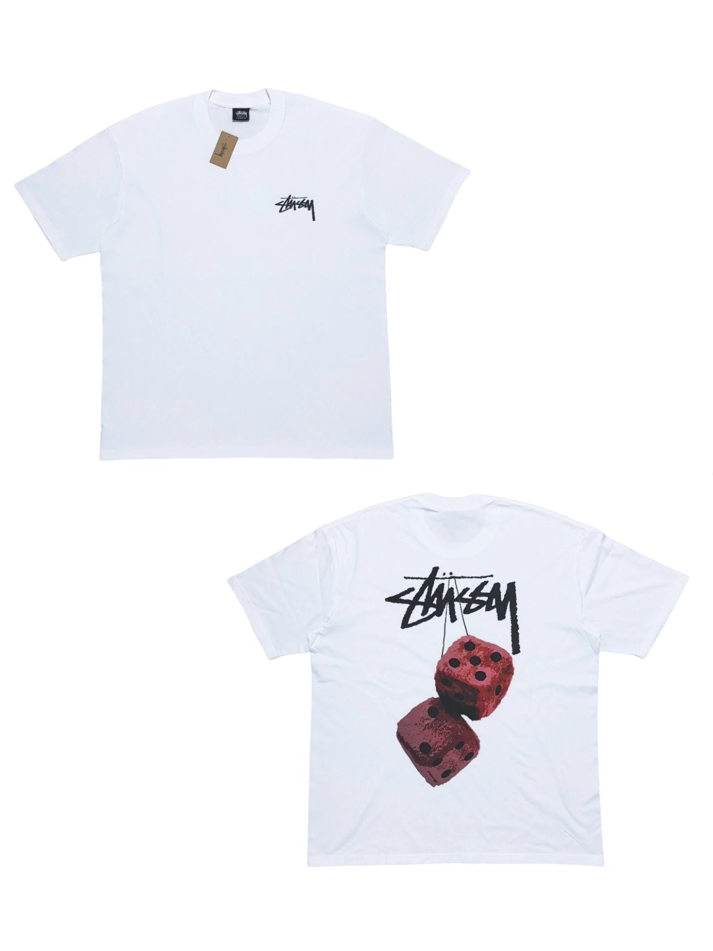 Stüssy Unisex Fuzzy Dice Tee, S-XL, White with Red Dice Graphic