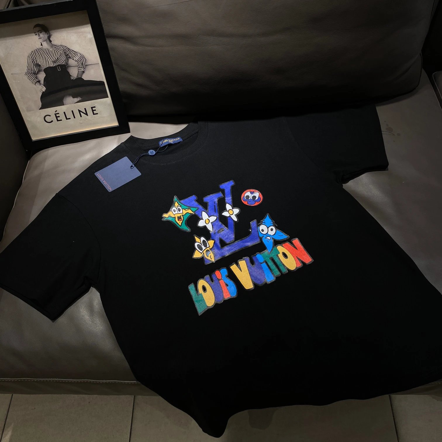 LV Initiales 40mm Reversible Belt & Black T-shirt with colorful logo & cartoon patterns