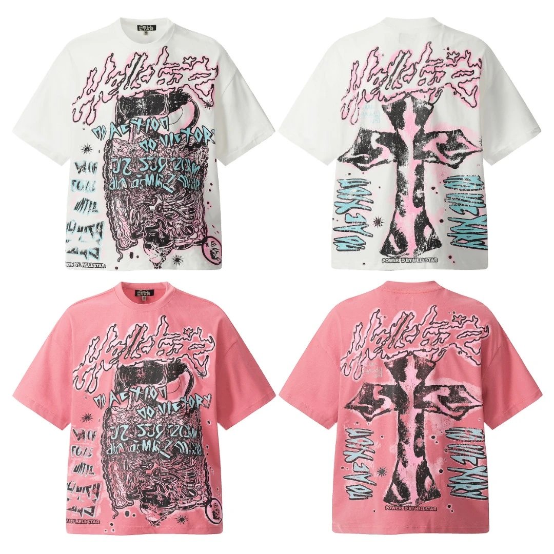 Hellstar Human Back Cross Print Tee with Graffiti Prints and Specific Text