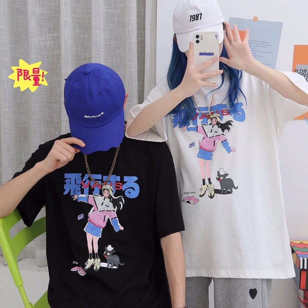 Cartoon Girl and Black Cat Graphic T – Shirt, available in black, unisex, loose oversize short sleeve