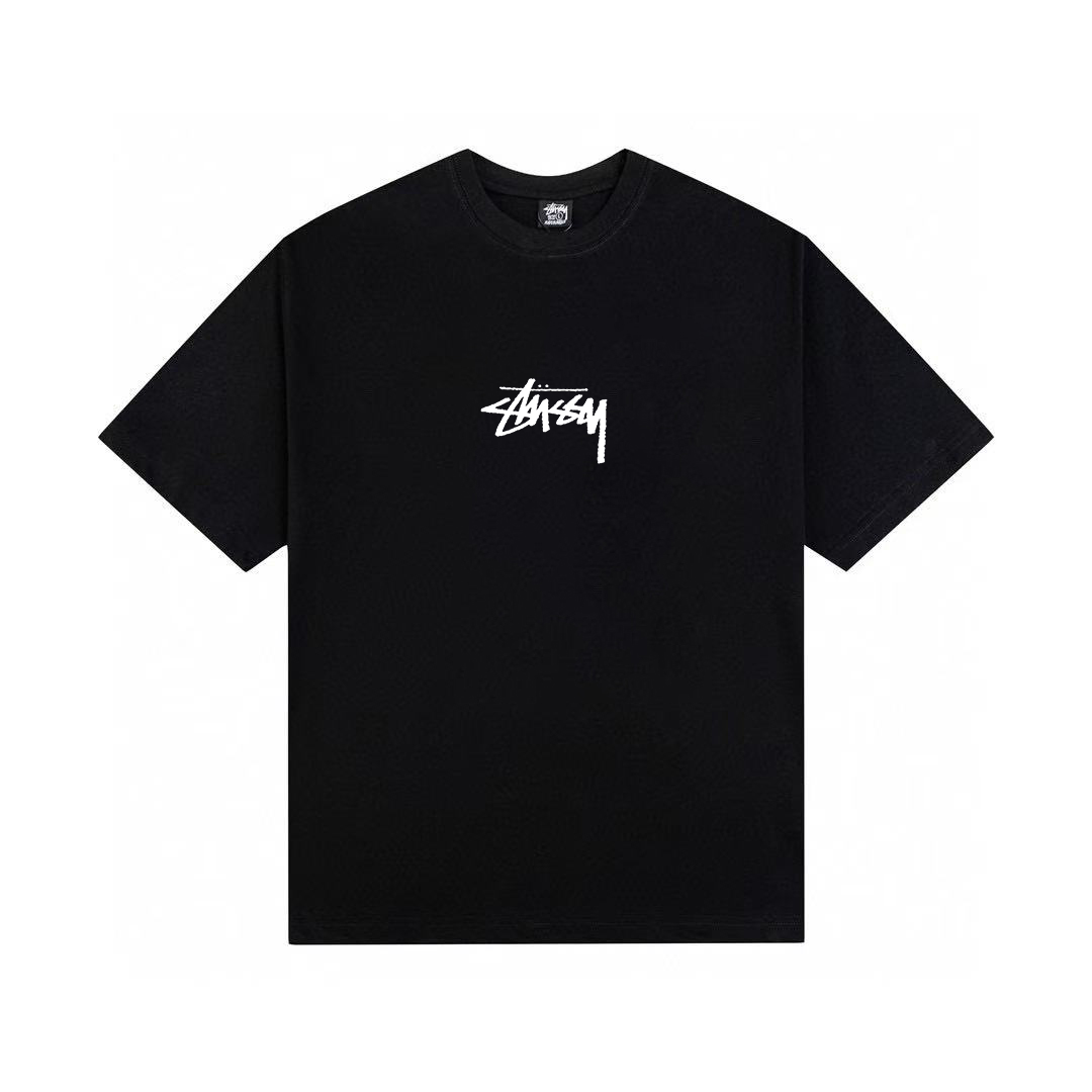 Black and White Short Sleeve T-Shirt with Phone Letter Print for Men and Women, Unisex by STUSSY