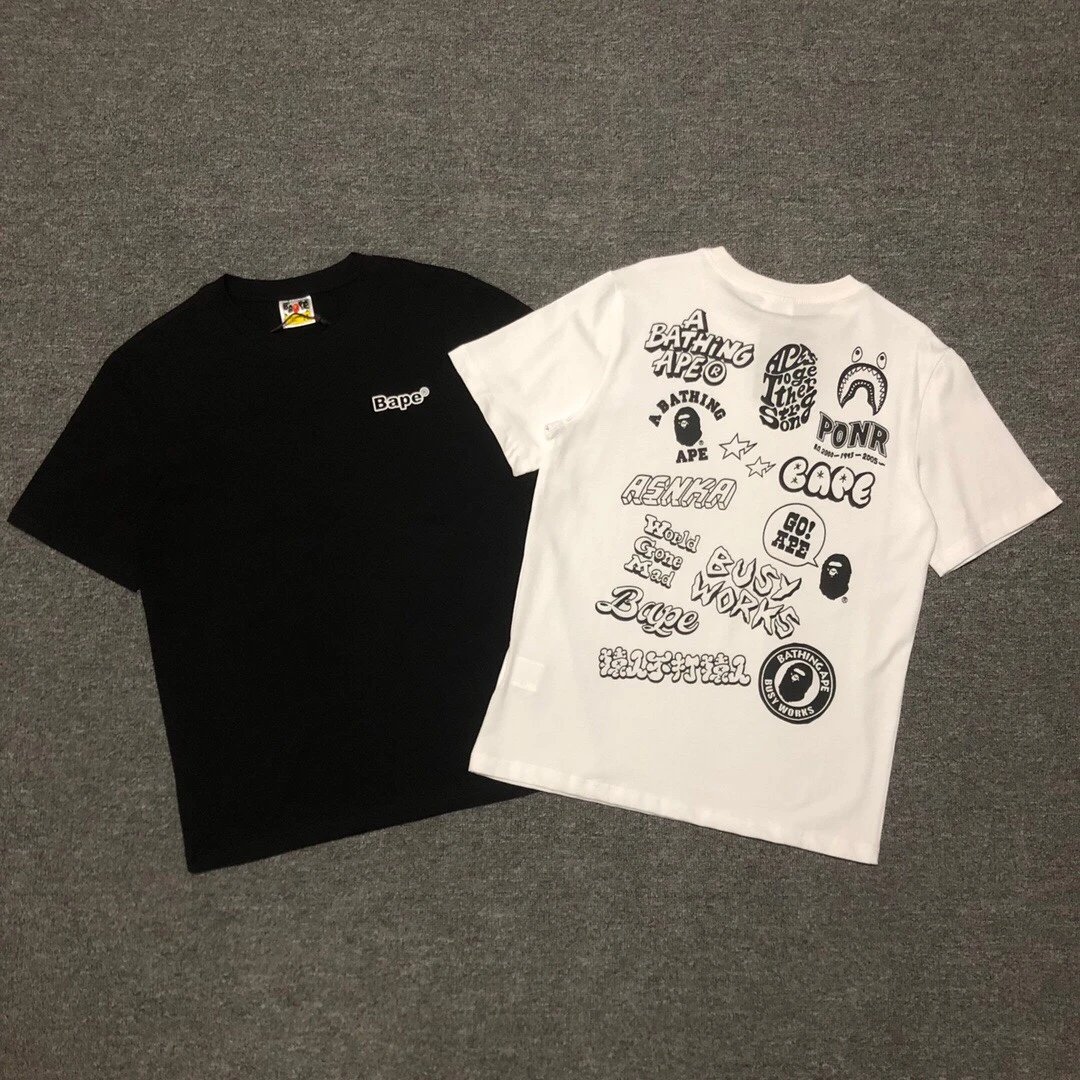 Bape Bicolor Graffiti Tee for Men in White, SS21, with Ape Head Logo and graphic text