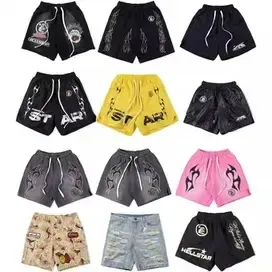Hellstar Graphic Print Shorts – Black Yellow Pink Grey Pants