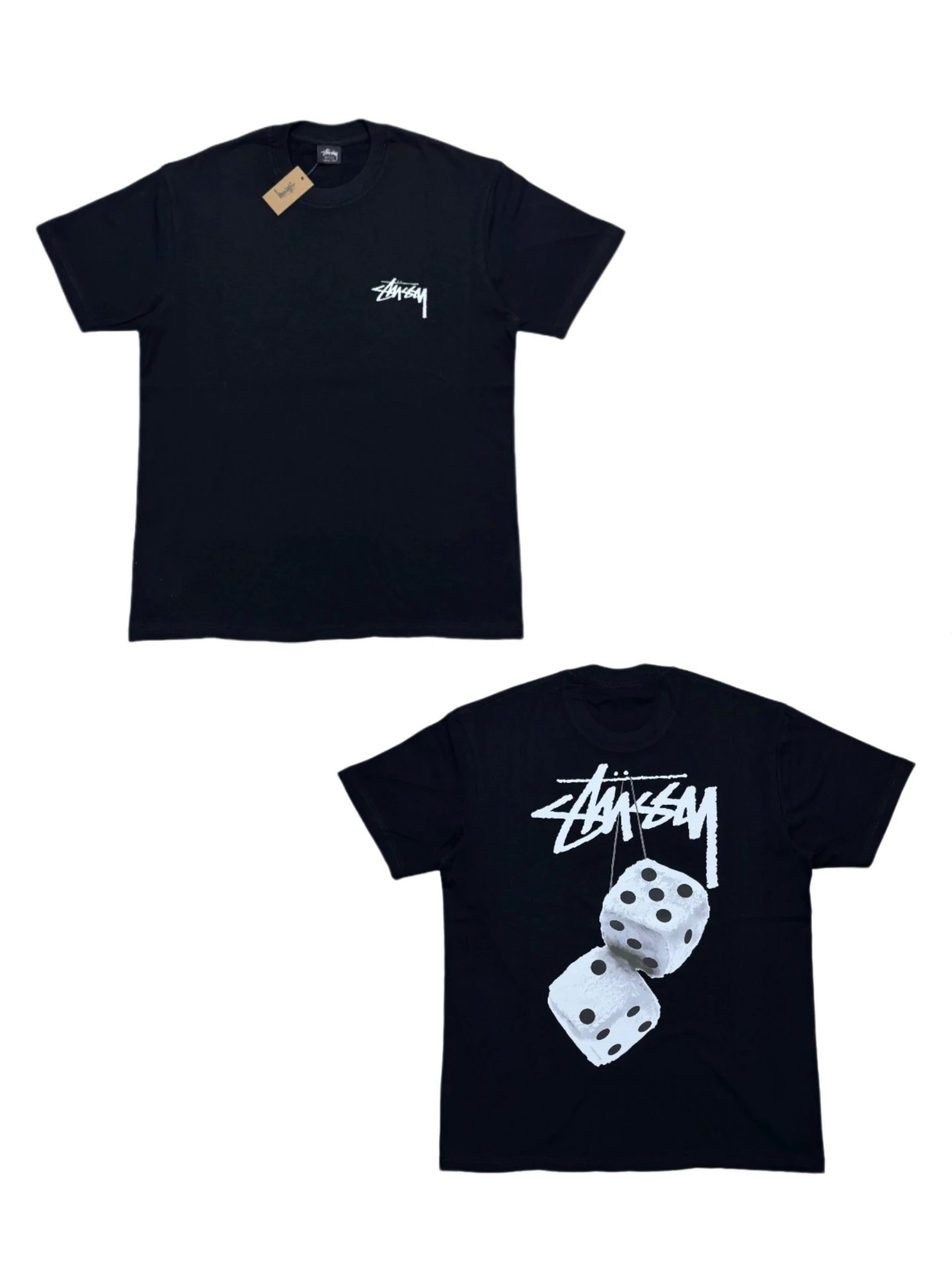Black Stussy T-shirts with dice graphic, stock logo and scorpion print for men