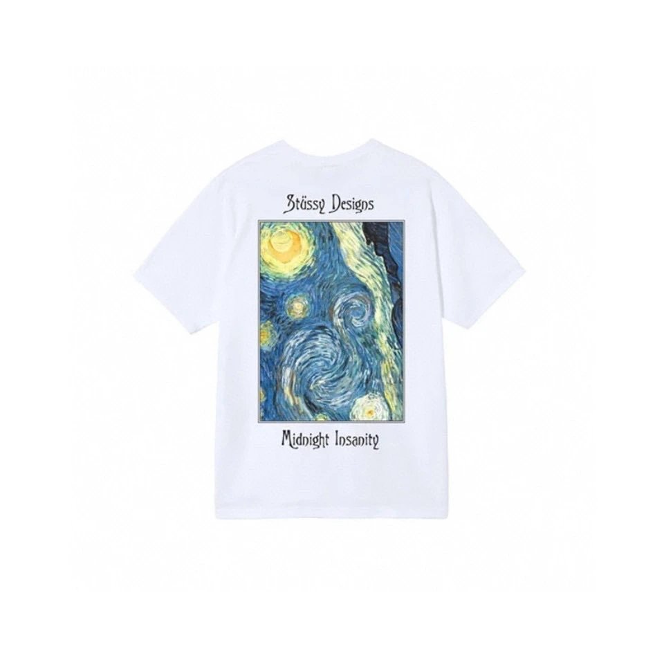 Stussy Midnight Insanity T-shirt 'White' with starry night inspired graphic print on back