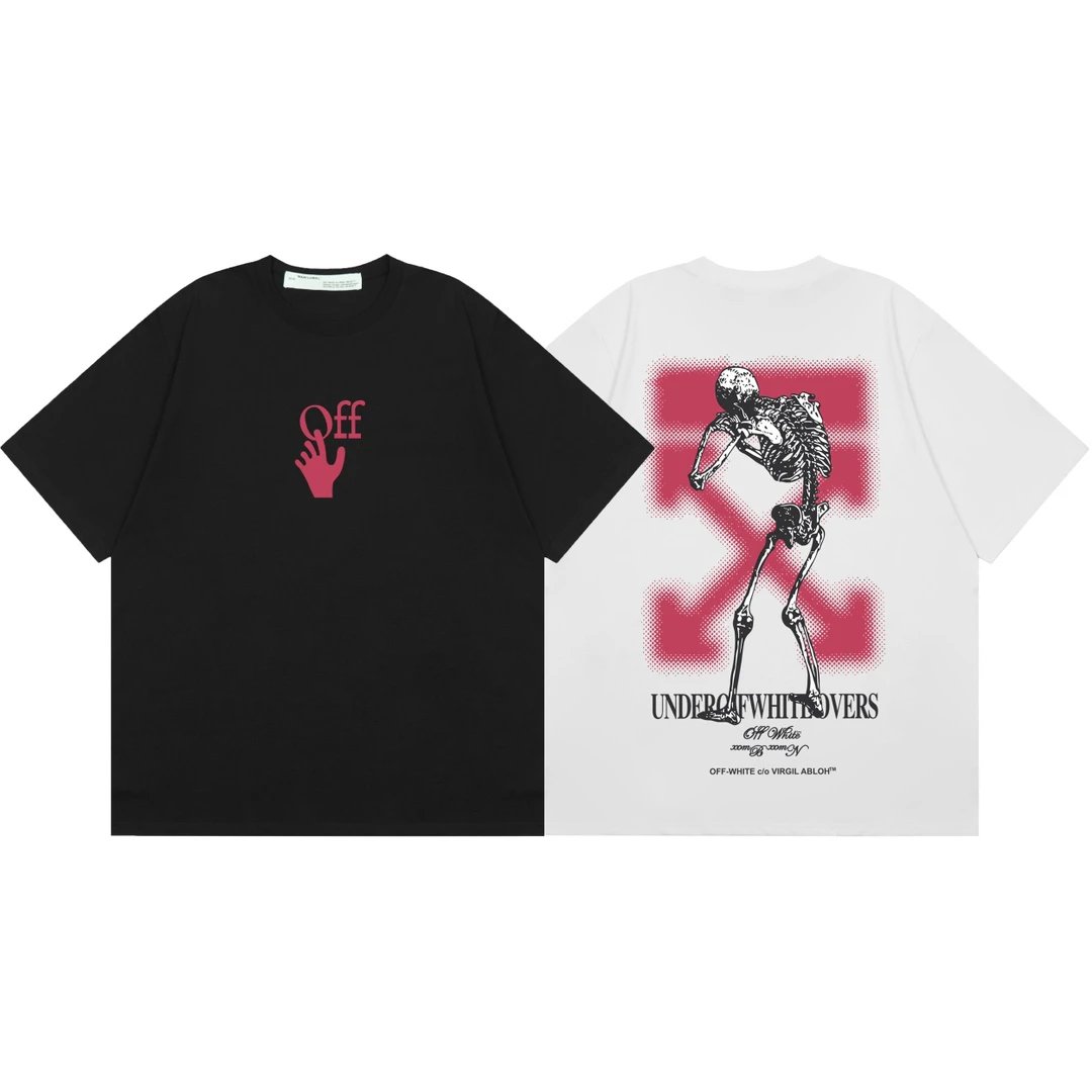 Hot selling Off-White unisex short – sleeve T – shirt in white/black with skeleton and pink print