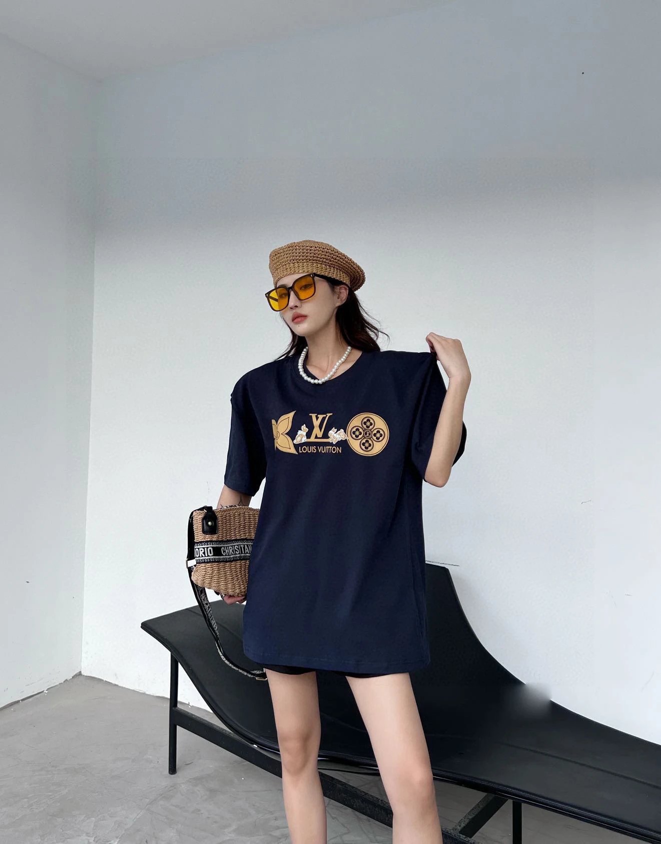 Navy Blue T-shirt with Gold LV Logo and Floral Pattern