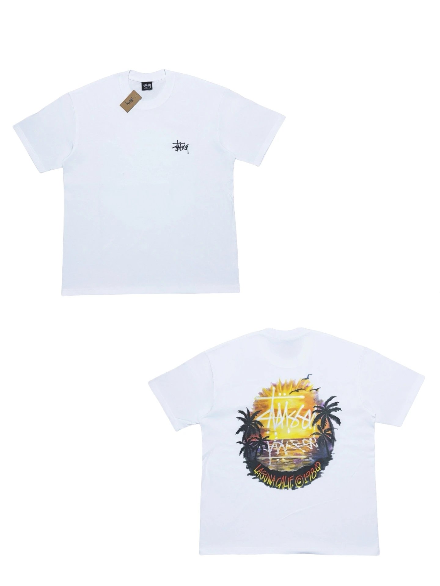 Stussy Basic White Unisex T – shirt with Front Chest Logo and Back Sunset Palm Tree Graphic