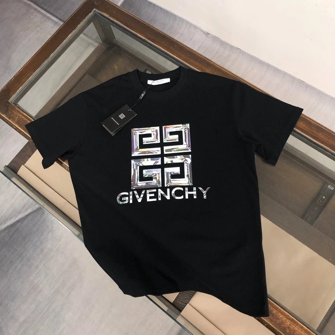 Givenchy cotton crew neck T-shirt, high-quality, new unused, with silver reflective 4G logo and 'GIVENCHY' lettering