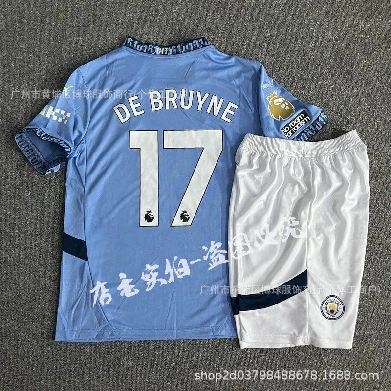 Manchester City De Bruyne #17 Home Jersey and Shorts Set Blue/White