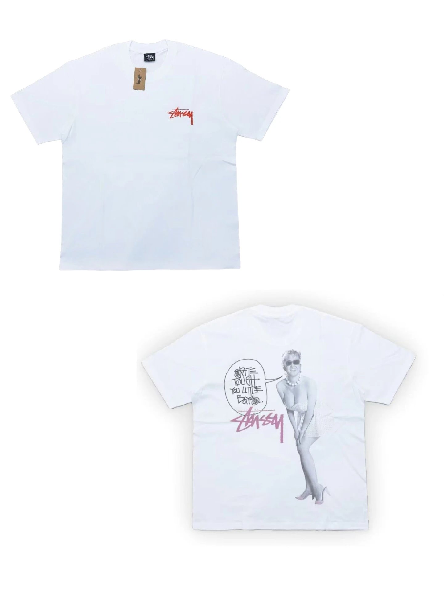 Stussy Skate Tough White Men's Tee with front red logo & back woman graphic print